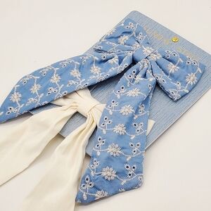 Sunday State Set of 2 Blue Embroidered Eyelet & Ivory Oversize Hair Bows Clips